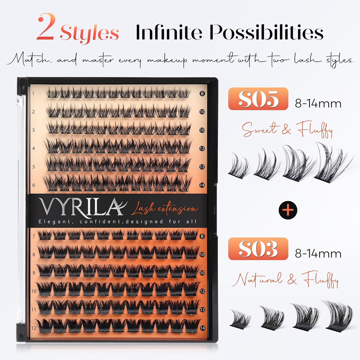 Lash Clusters Kit-VYRILA 0.07mm Wispy 8-14mix C Curl Eyelash Clusters with Lash Bond and Seal Waterproof, Eyelash Tweezers (S03+S05 KIT 138pcs-8-14mix)