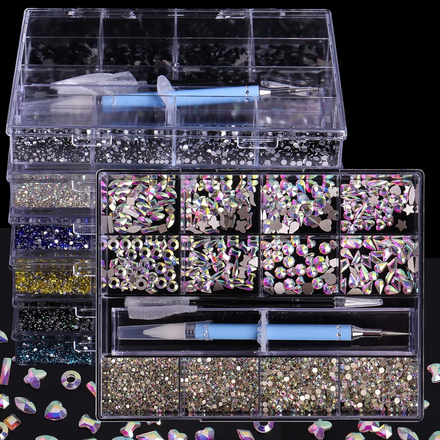3320Pcs Black Nail Art Rhinestones Crystal,HOINCO 3D Rhinestones Gems Jewels Diamond,24 Types of 320 Diamonds + 3000 Round Beads, Crystals 3D Flat Back Gemstones for Nail DIY Crafts with Tweezers Pen