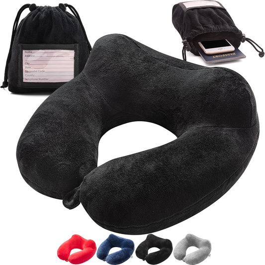 Inflatable Travel Neck Pillow: Extra-Soft, Cushion. for Airplanes, Trains, Cars, Portable Travel Accessory-with Carrying Pouch for Cell Phone and Passport Etc. (Black) (OW-103)