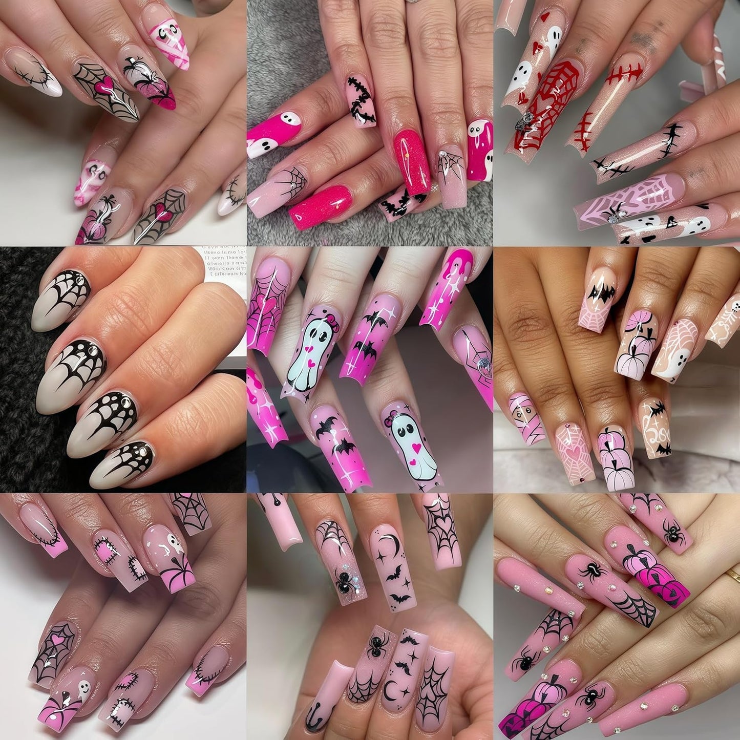 8Sheets Halloween Nail Stickers for Nail Art Black White Spider Web Nail Decals Black Pink Stars Love Rhinestones Spider Design Nail Supplies Bats Nail Art Stickers for Women DIY Manicure Decorations