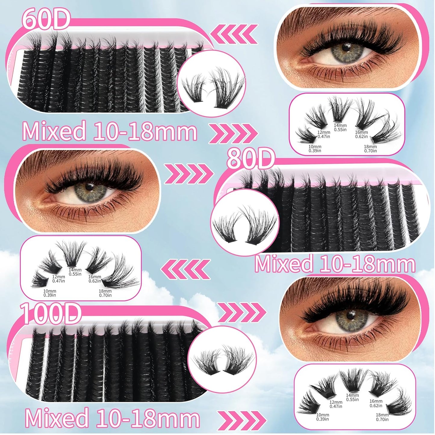 D Curl Volume Fake Eyelashes Lashes Cluster Kit Wispy Faux Mink Lashes 696Pcs Bulk Packs, DIY Individual Eyelash Extensions Wholesale Combo Pack with Glue|Tweezers|Removers