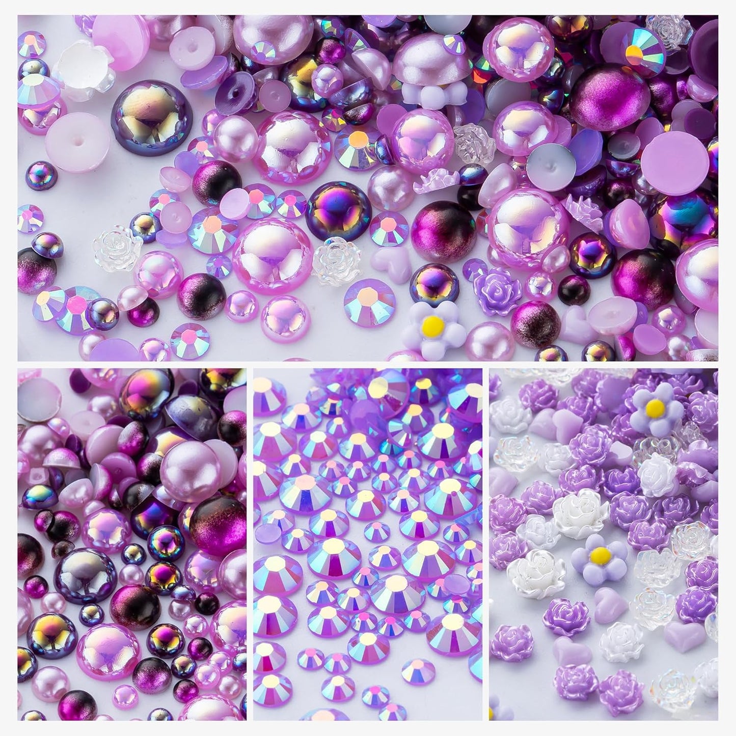 160g Purple Flat Back Pearls Rhinestones for Crafts Mixed Size 3mm-10mm AB Color Round Half Pearls Flatback Pearl Beads and Resin Rhinestones Set for Face Art