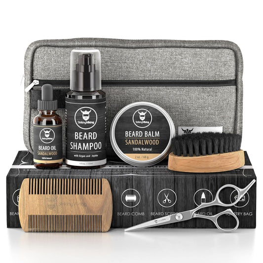 Striking Viking Grooming Kit - Premium Care Products for Men with Beard Shampoo, Oil, Balm Butter, Brush, Wooden Comb, Mustache Scissors & Toiletry Bag