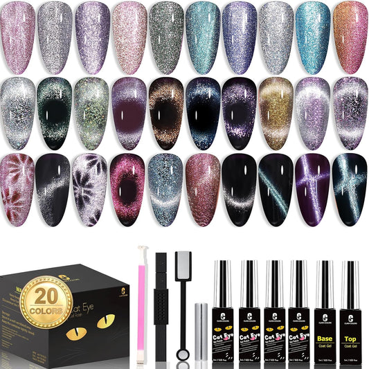 Clara Colors Magnetic Nail Polish - 20 Colors Cat Eye Gel Polish Kit Holographic Glitter Cat Eye Nail Polish with 4 Magnet, Black White Base Top Coat Gel Soak Off LED Manicure Salon DIY Art Gifts