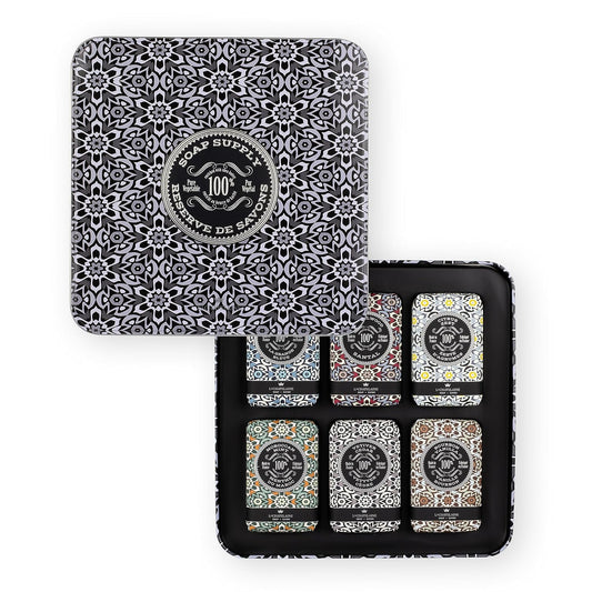 La Chatelaine Soap Supply Tin Gift Set |Unisex, Men, Women| Plant-based shea butter bar soaps | Made in France | Natural and Organic | Large soap bars | Set of 6, 8.8 oz./250g bars - Gray Mosaic