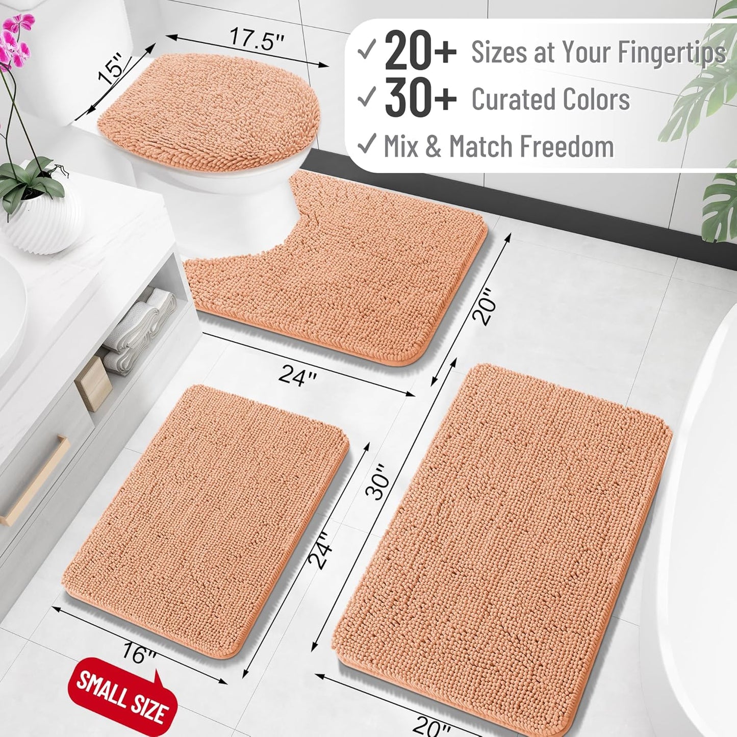 OLANLY Toilet Rugs U-Shaped 24x20, Extra Soft Absorbent Chenille Contour Bathroom Rugs for Toilet, Dry Quickly, Machine Washable, Non-Slip Bath Mat, Peach