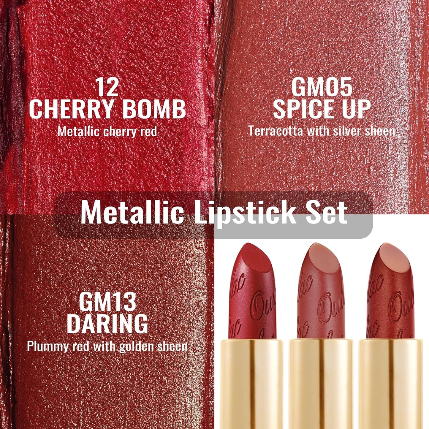 Oulac Metallic Red Lipstick Set 3PCS High Impact Lipcolor with Moisturizing Formula, Vegan Beauty, Full-Coverage Lip Color, Gift Lipstick for Women, 4.3g X 3PCS, 12+GM05+GM13