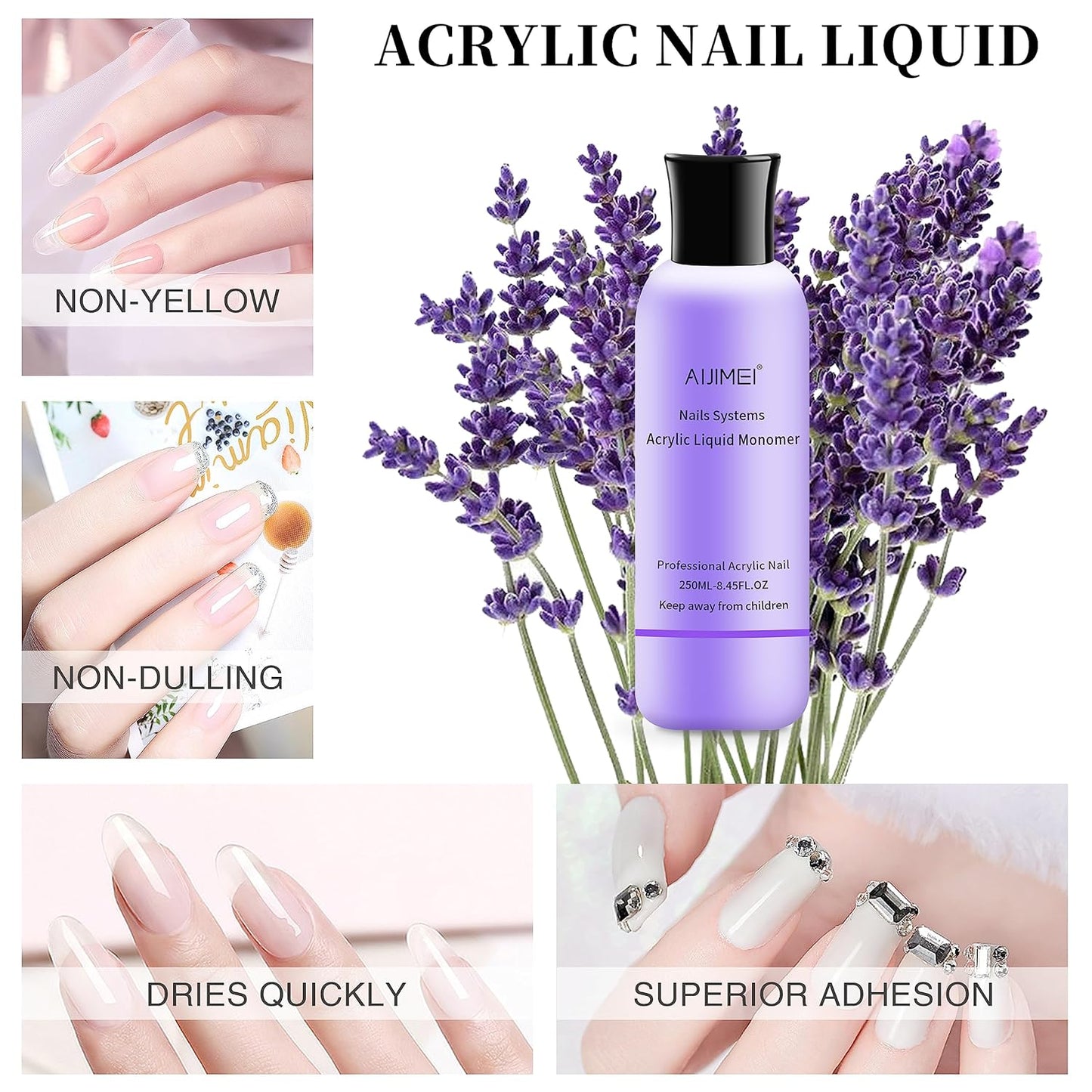 AIJIMEI Acrylic Liquid Monomer 250ML/8.5FL.OZ with 3PCS Acrylic Nail Brushes for Acrylic Powder Acrylic Nail Liquid Monomer For Acrylic Nails For Nails Powders & Liquids