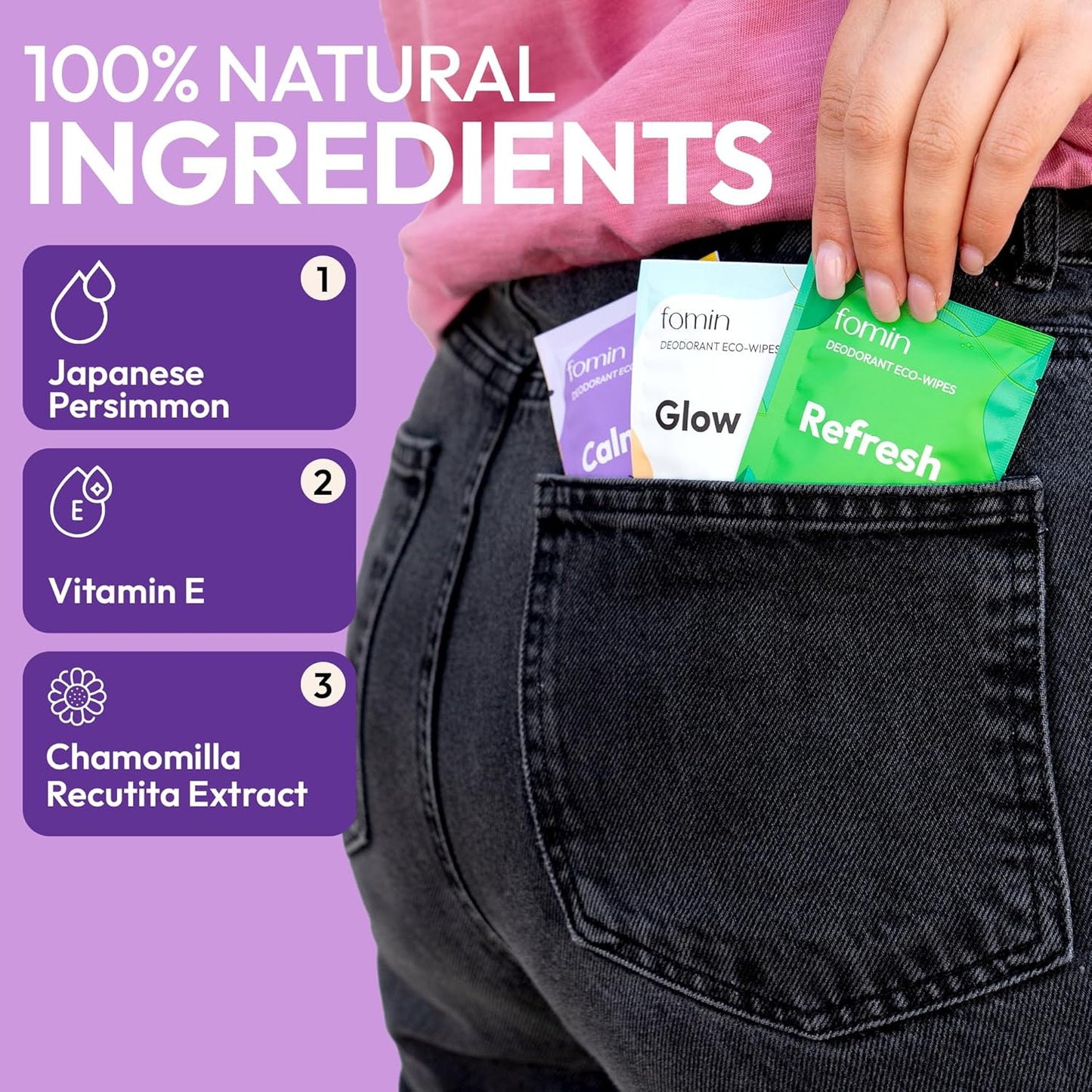 FOMIN Travel Deodorant Wipes - 50 Count - Calming Lavender and Chamomile - pH Balanced, Hypoallergenic Mini Deodorant Wipes For Women and Men - Plastic-Free, Individually Wrapped Underarm & Body Wipes