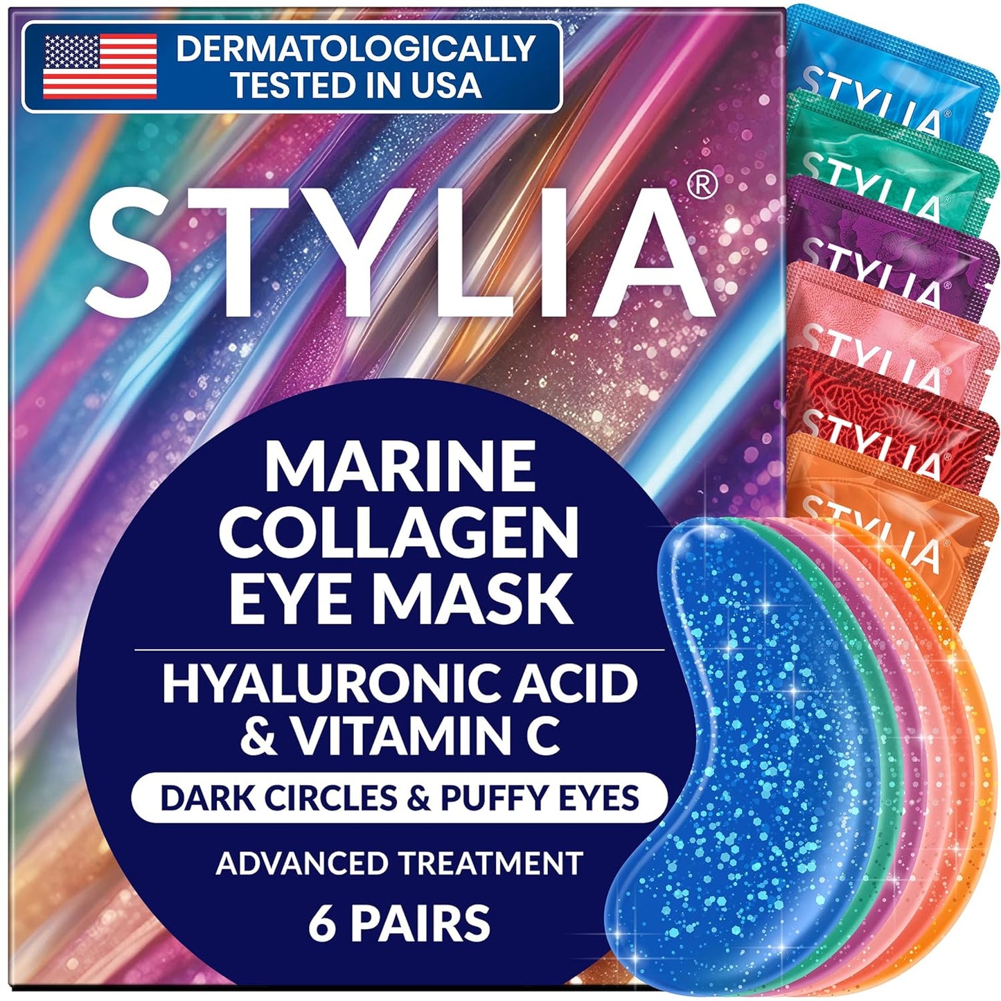 Stylia Under Eye Patches for Puffy Eyes and Dark Circles (6 Pairs) - Marine Collagen Under Eye Mask with Vitamin C, Hyaluronic Acid, Pearl Extract - Eye Masks for Dark Circles and Puffiness