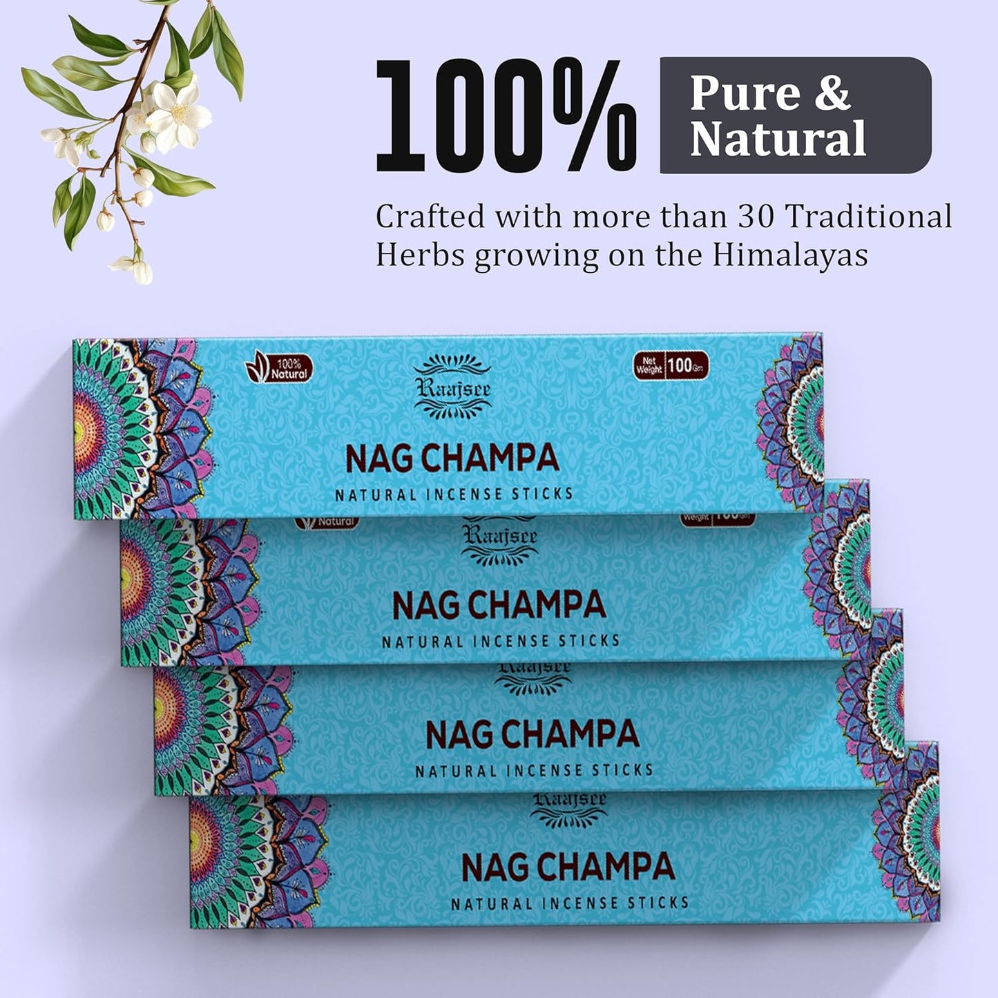 Raajsee Nag Champa Incense Sticks (180 gm), 100% Pure Organic Natural Hand Rolled Free from Chemicals - Nag Champa Incense is Perfect for Aromatherapy, Cleansing, Meditation (Pack of 12)