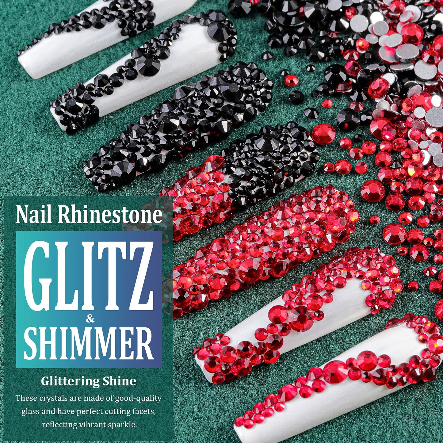 3440PCS 6 Sizes Black and Red Glass Crystal Kit with Pickup Pen + Tweezer Tools for Iridescent Shine Nail Art Manicure Makeup DIY Deco Flatback Round Bead Rhinestone Gem Jewelry Diamond