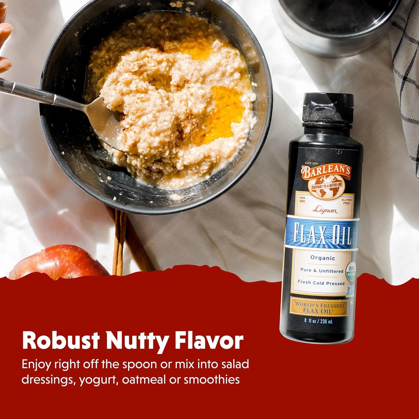 Barlean's Organic Lignan Flaxseed Oil Liquid Supplement from Cold Pressed Flax Seeds, 7,230 mg ALA Omega-3 Fatty Acids for Healthy Hair, Skin, and Eyes, Gluten Free, 12 oz