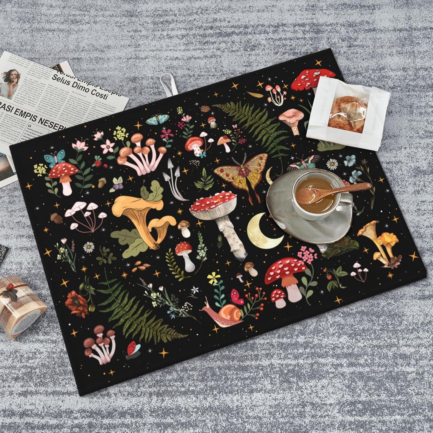 Mushroom Dish Drying Mat for Kitchen Counter 18"x24" Moth Gothic Witchy Dishes Pad Dish Drainer Rack Mats Microfiber Washable Absorbent Kitchen Decor, Black