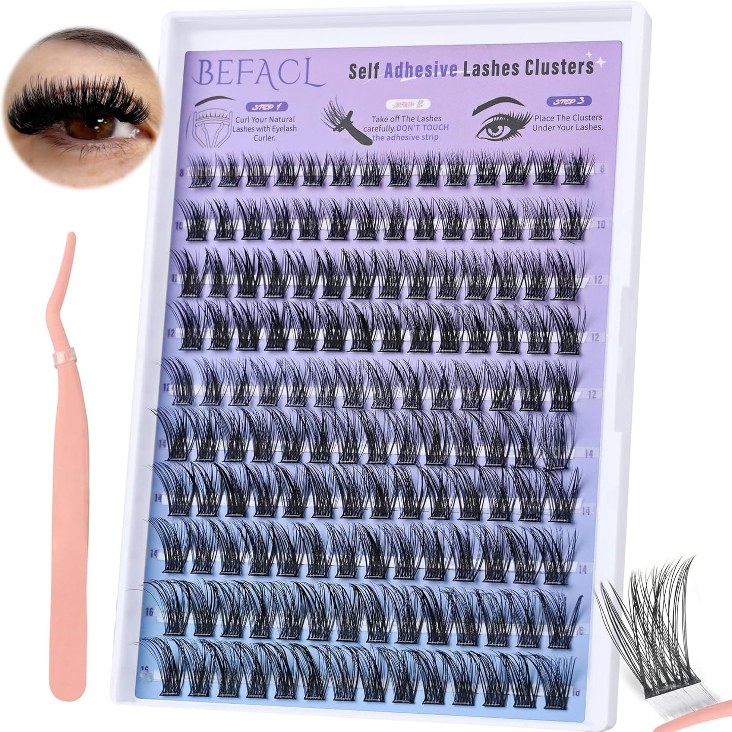 Self Adhesive Eyelashes Clusters Press on Lash Clusters Wispy Lash Extensions No Glue Needed Lashes Clusters Natural Cluster Eyelash Extensions Kit with Tweezers (8-16mm,C Curl)