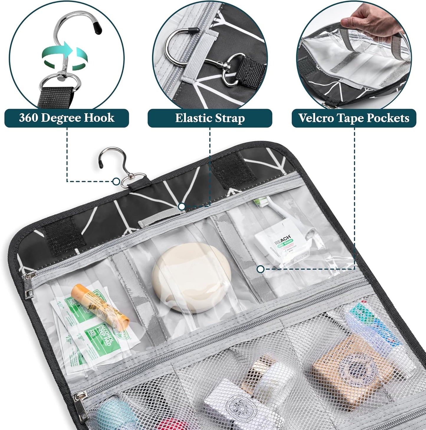 PAVILIA Hanging Toiletry Bag Women Men, Travel Kit Foldable Large Toiletries Organizer, Roll up Cosmetics Makeup Bag Accessories, Waterproof Essentials Jewelry Case (Black Chevron)