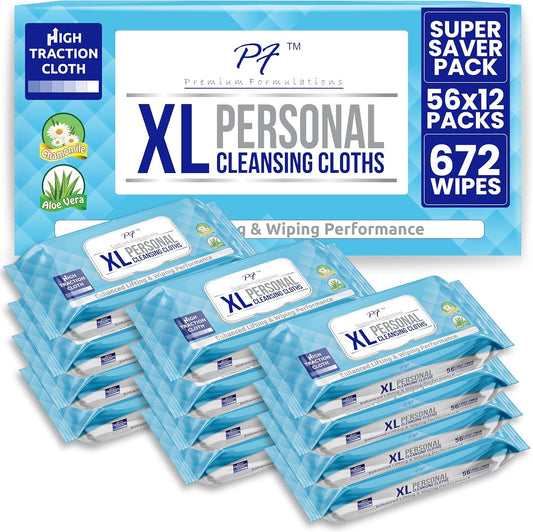 XL Adult Wipes – (12 Packs x 56 Wipes = 672 Wipes) High Traction, Uber Thick & Extra Large Wash Cloths | Bulk Disposable Incontinence Wipes with Aloe for Elderly Care & Hygiene