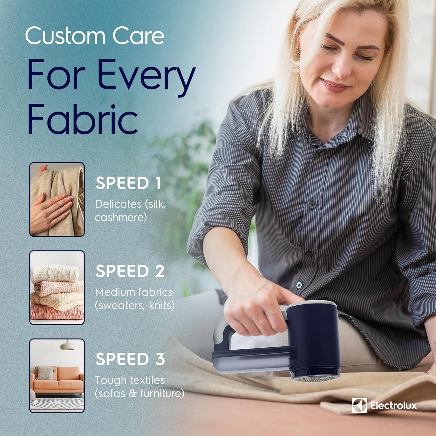 Electrolux Rechargeable Fabric Shaver | 3-Speed Lint Remover for Clothes & Furniture | Eliminates Fuzz & Pilling | Electric Lint Shaver with LED Display & Type-C Fast Charging Port - Blue