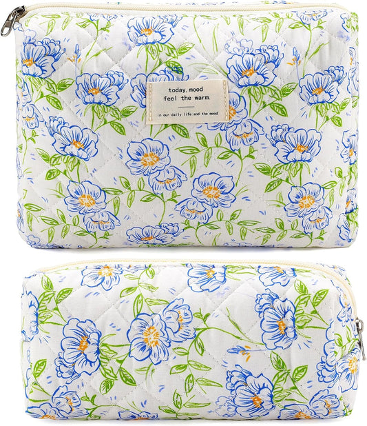 Quilted Cotton Cosmetic Bag 2Pcs Coquette Makeup Bag Travel Makeup Bag for Women Large Makeup Pouch Aesthetic Floral Cosmetic Pouch Toiletry Bag for Women Gift for Lover Daughter Sister Mom