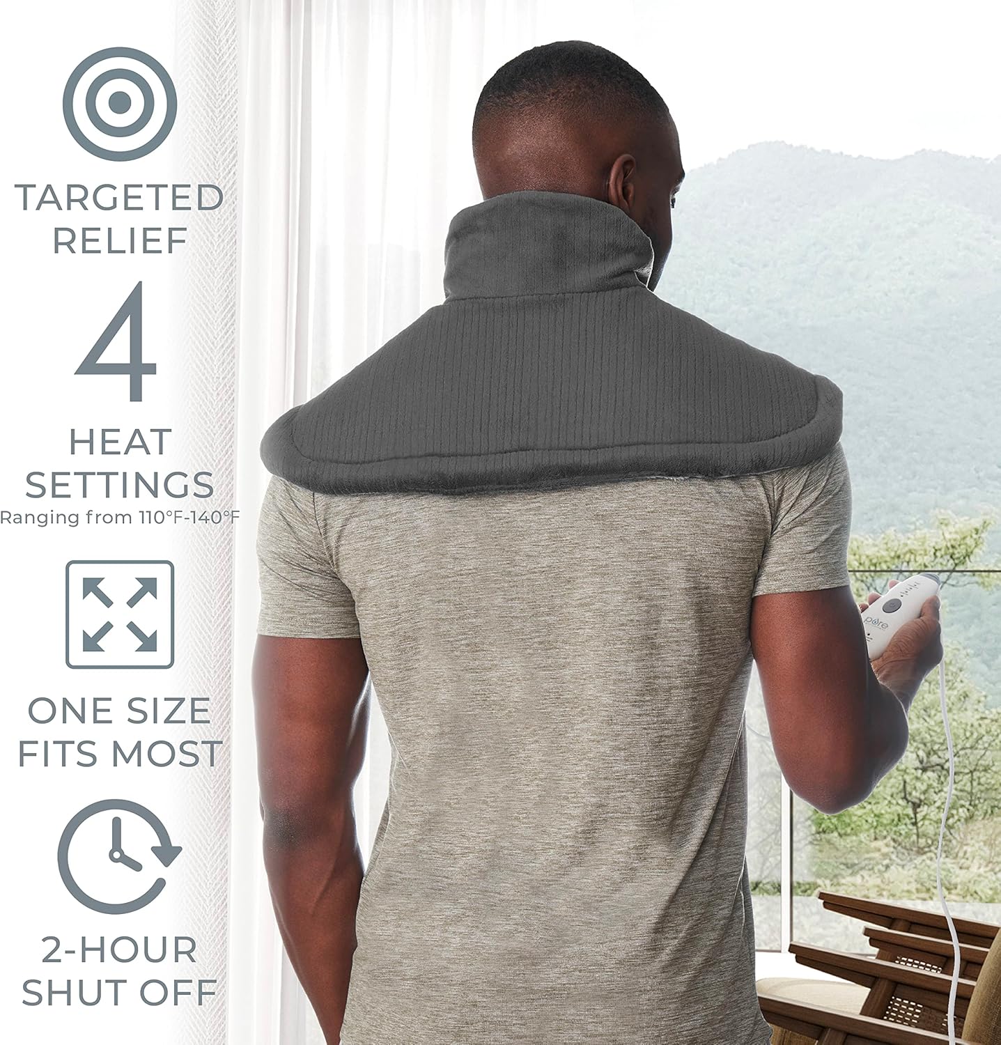 Pure Enrichment PureRelief Neck & Shoulder Heating Pad - 4 Heat Settings, Auto Shut-Off, Universal Fit, Magnet Closure, Soft Micromink, Storage Bag, 5-Year Warranty, Machine Wash (Charcoal Gray)