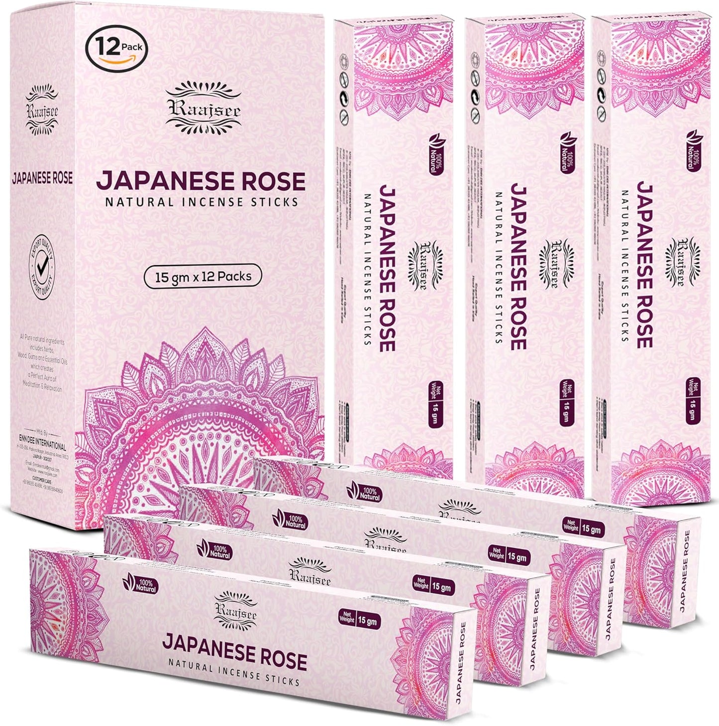 Raajsee Japanese Rose Incense Sticks (180 gm), 100% Pure Organic Natural Hand Rolled Free from Chemicals- Perfect for Aromatherapy, Cleansing, Meditation, and Church (Pack of 12)