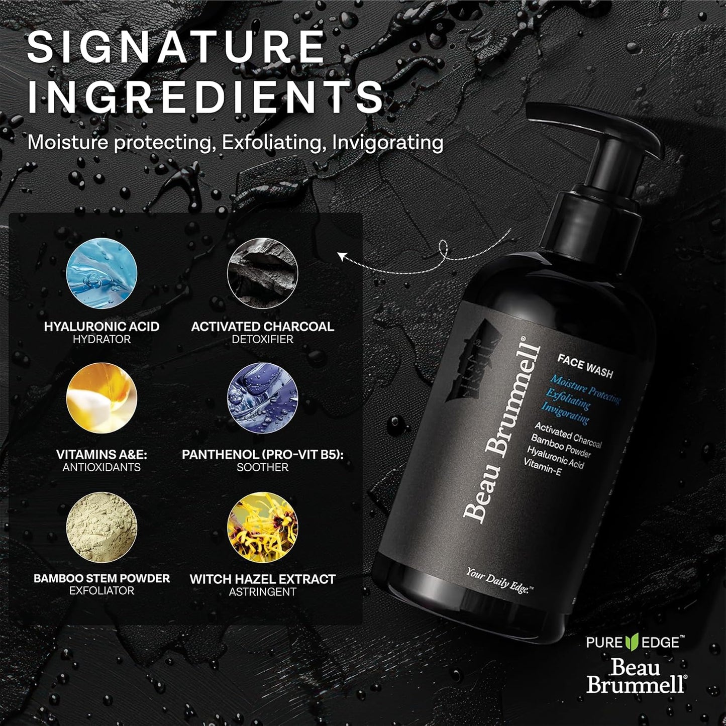 Beau Brummell for Men's Activated Charcoal Face Wash | Gentle Exfoliating Cleanser with Hyaluronic Acid, Bamboo Powder, Marine Plankton Extract, Vitamins A & E | 8 fl oz, Made in USA