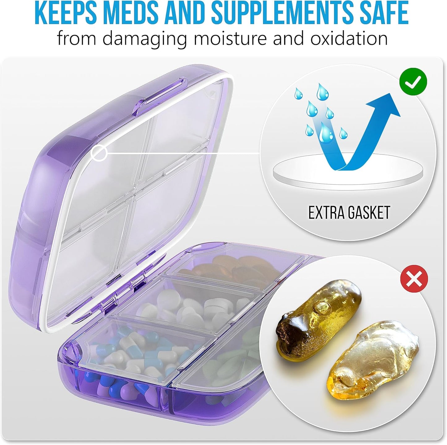 Travel Pill Organizer - Airtight Medicine Case for Traveling Portable Pharmacy Box with Labels Vitamin Container 8 Compartment Supplement Medication Holder Large Capacity Daily (Purple)