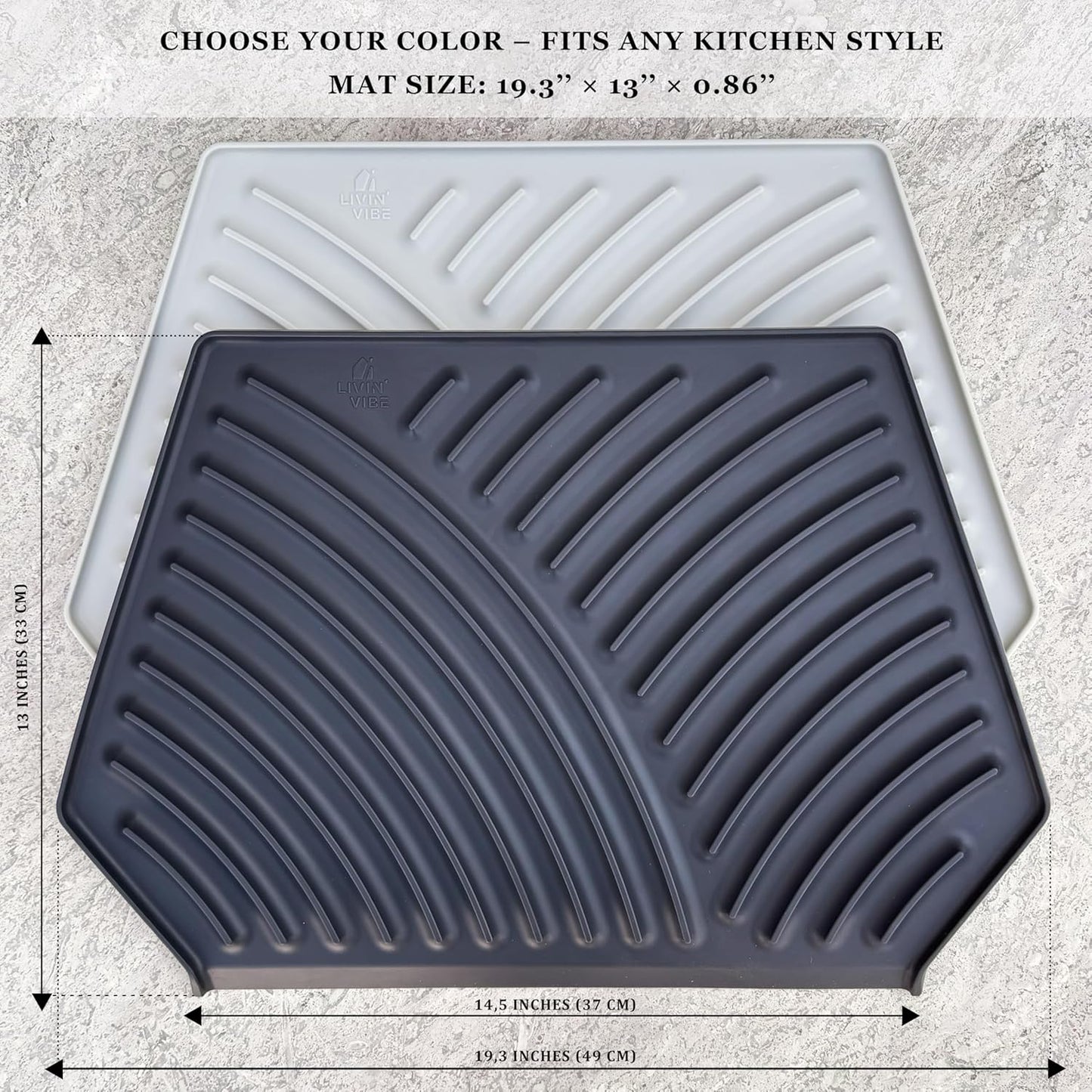 Silicone Dish Drying Mat with Drain, Self-Draining, Heat Resistant & Non-Slip Kitchen Counter Mat, Easy to Clean, Reusable, (19.3'' x 13'', Charcoal Grey)