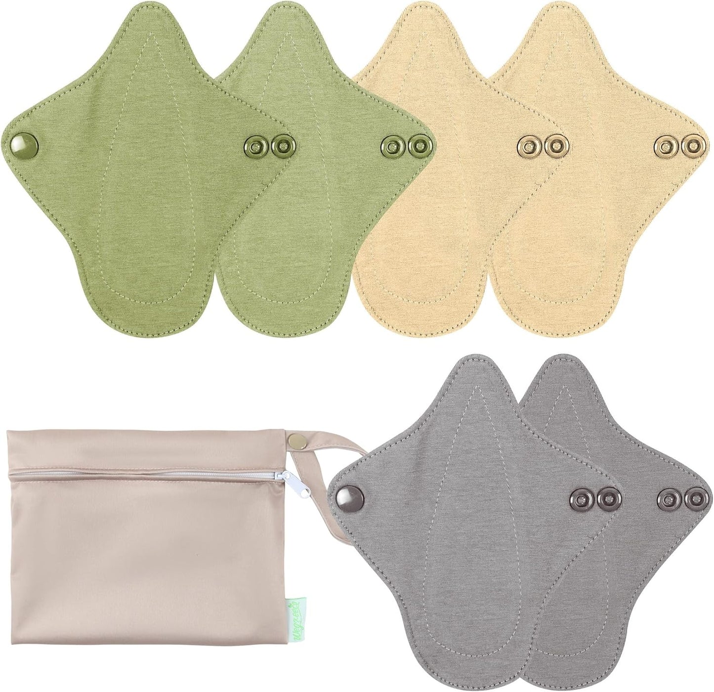 wegreeco 6 Pcs Reusable Menstrual Pads, Ultra Absorbent Cloth Pads for Heavy Flow, Sanitary for Teens, Women, Nonsli, Inner Mustard Yellow, Grey, Beige, Rose Gold Outer, XS