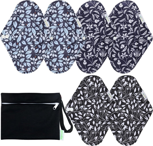 wegreeco Reusable Menstrual Pads - Reusable Sanitary Pads | Reusable Panty Liners | Soft Cloth Menstrual Pads - 6 Pack with 1 Cloth Mini Wet Bag (Medium, Leaves 02)