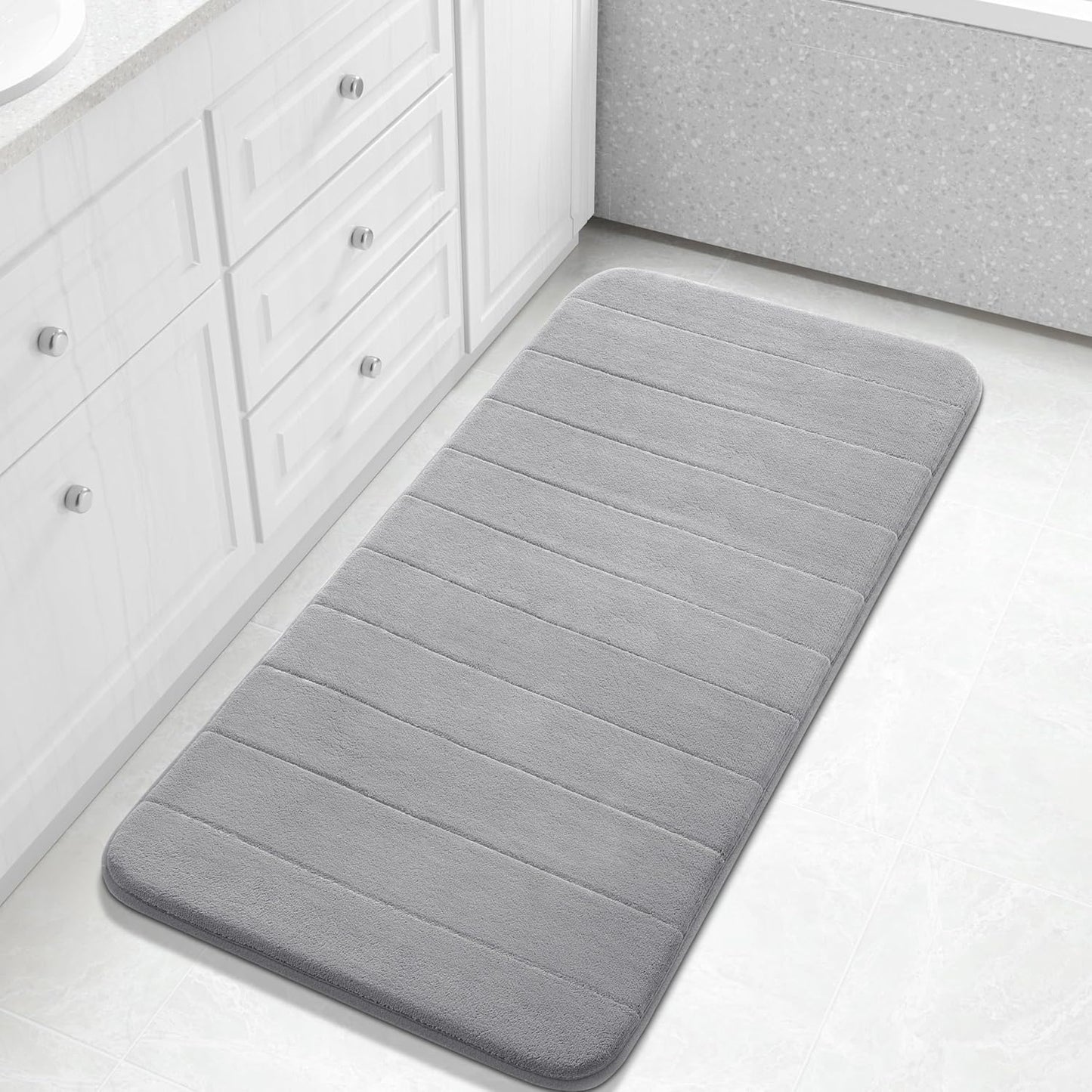 Yimobra Long Bath Mat 44"x24", Super Soft Quick Dry Memory Foam Bathroom Rug, Water Absorbent, Non Slip Backing Machine Washable for Tub Shower, Thick Comfort Support, Gray