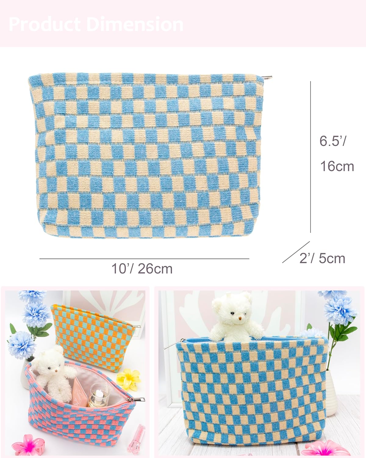 PAZIMIIK Knitted Checkered Makeup Bag Large Zipper Make Up Accessory Pouch for Purse Cosmetic Brush Bag for Travel Essential Blue Beige