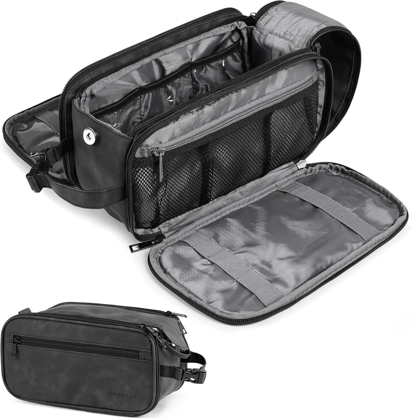 PAVILIA Toiletry Bag for Men Women, Mens Travel Bag Toiletries Organizer Case for Grooming, Travel Essentials Shaving Dopp Kit, PU Leather Water Resistant Cosmetic Pouch, Black