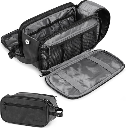 PAVILIA Toiletry Bag for Men Women, Mens Travel Bag Toiletries Organizer Case for Grooming, Travel Essentials Shaving Dopp Kit, PU Leather Water Resistant Cosmetic Pouch, Black