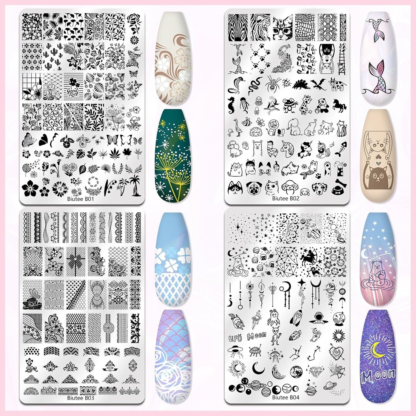 Biutee Nail Art Stamping Plate Nail Stamper Kit with Stamper & Scraper, Large Nail Stamp Plate French Line Lace Flower Leaves Animal Star Space Design DIY Nail Stamping Kit