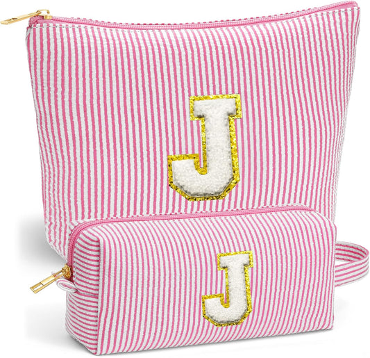 Travel Essentials - Portable Travel Toiletry Bag for Women, Initial Makeup Kit Organizer Make up Cosmetic Bag Set Pink Stuff Birthday Gifts for Women Daughter Mom, Pink Letter J