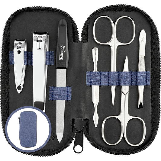 Manicure Set Solingen Made in Germany - 7 Piece Exclusive Finger & Toe Nail Clippers Kit for Women and Men in Vegan Leather Case, Color Jeans