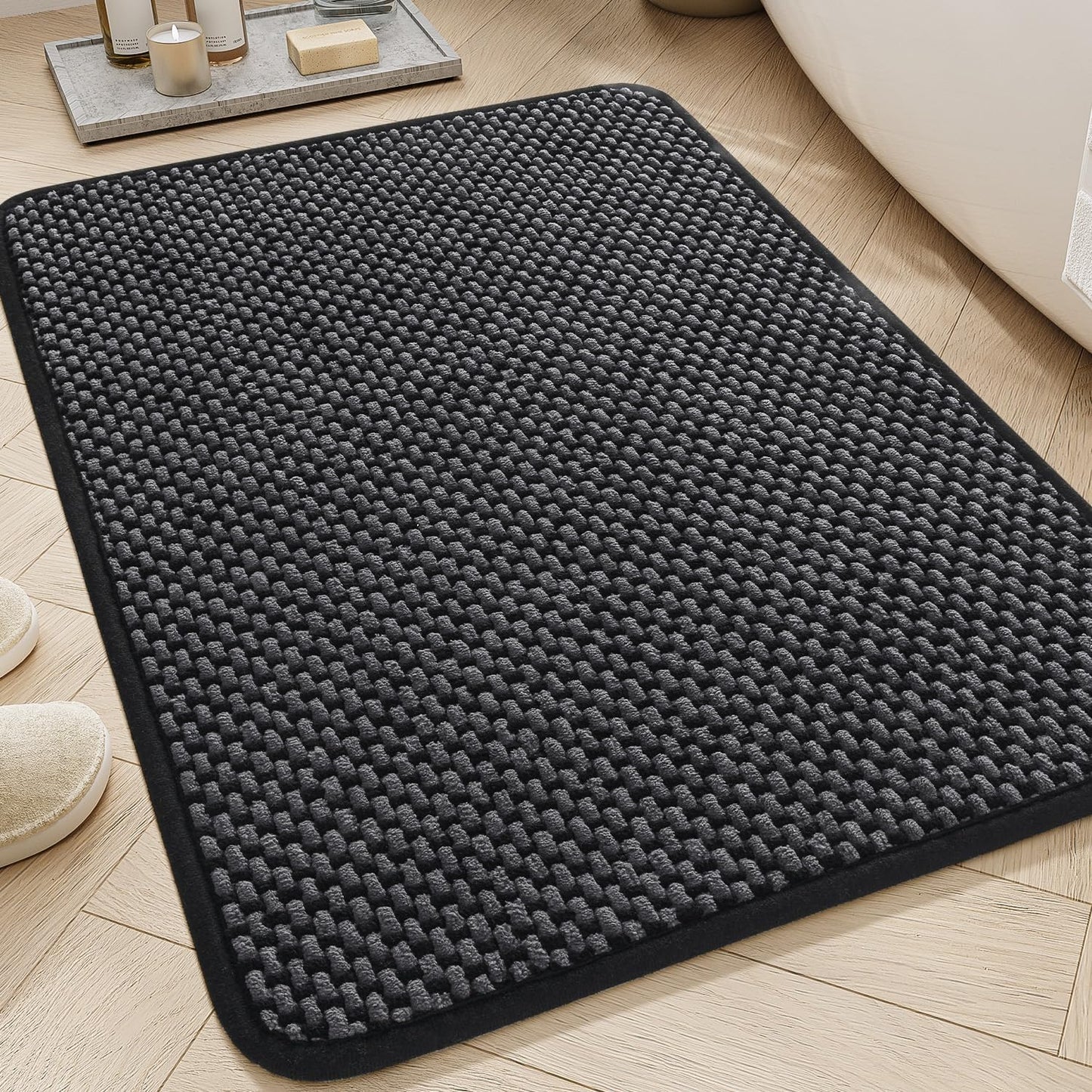 AMOAMI Chenille Bath Mat Super Absorbent Bathroom Mat Quick Dry Bath Mats for Bathroom Rubber Backed Bathroom Rugs Non Slip Washable Fit Under Door, Front of Bathtub, Sink, Darkgrey&Black 20"x32"