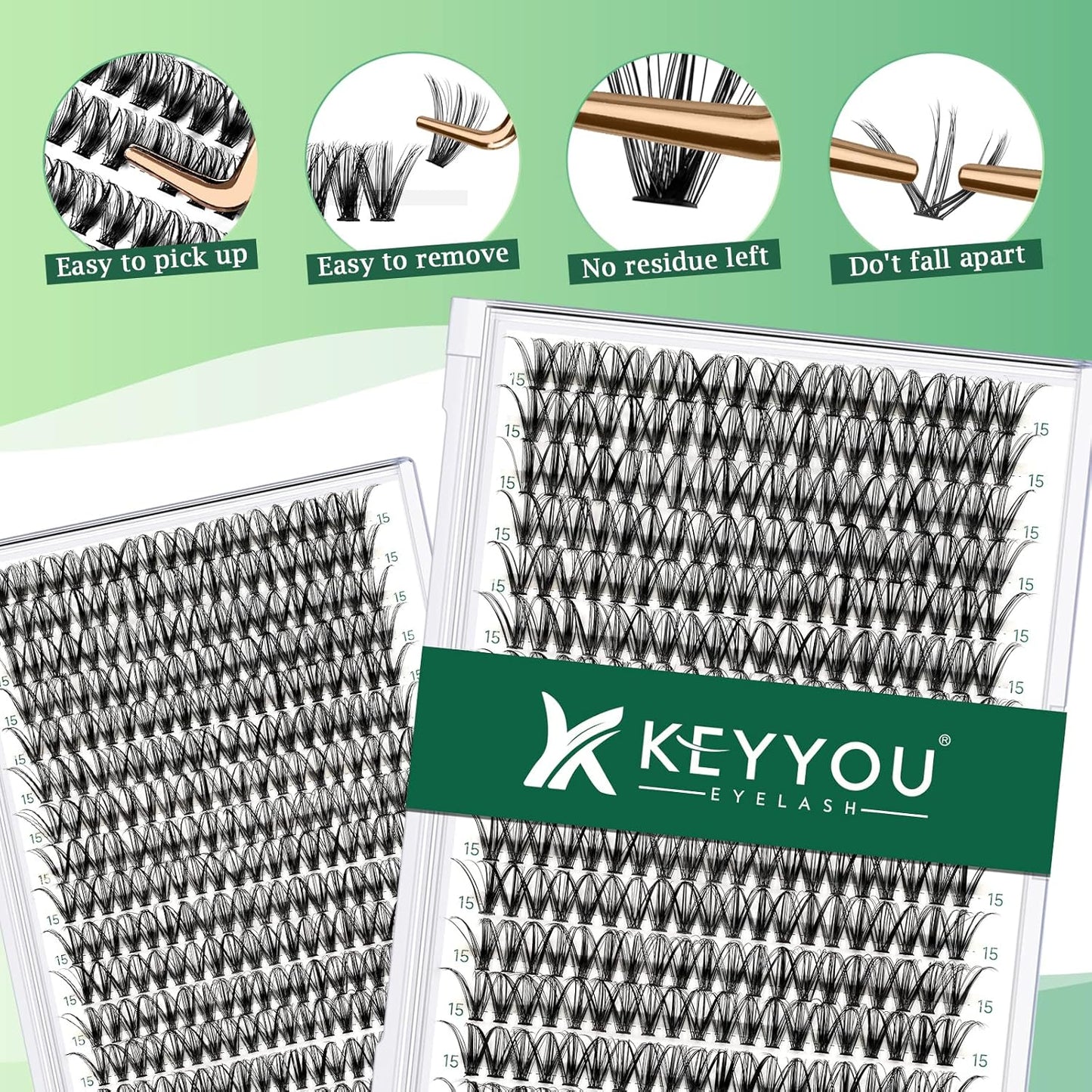 Lash Clusters 300pcs Individual Lashes 30D 0.07D Curl 15mm DIY Eyelash Extension KEYYOU Large Tray Volume Soft&Natural Cluster Lashes(30D-0.07D,15）