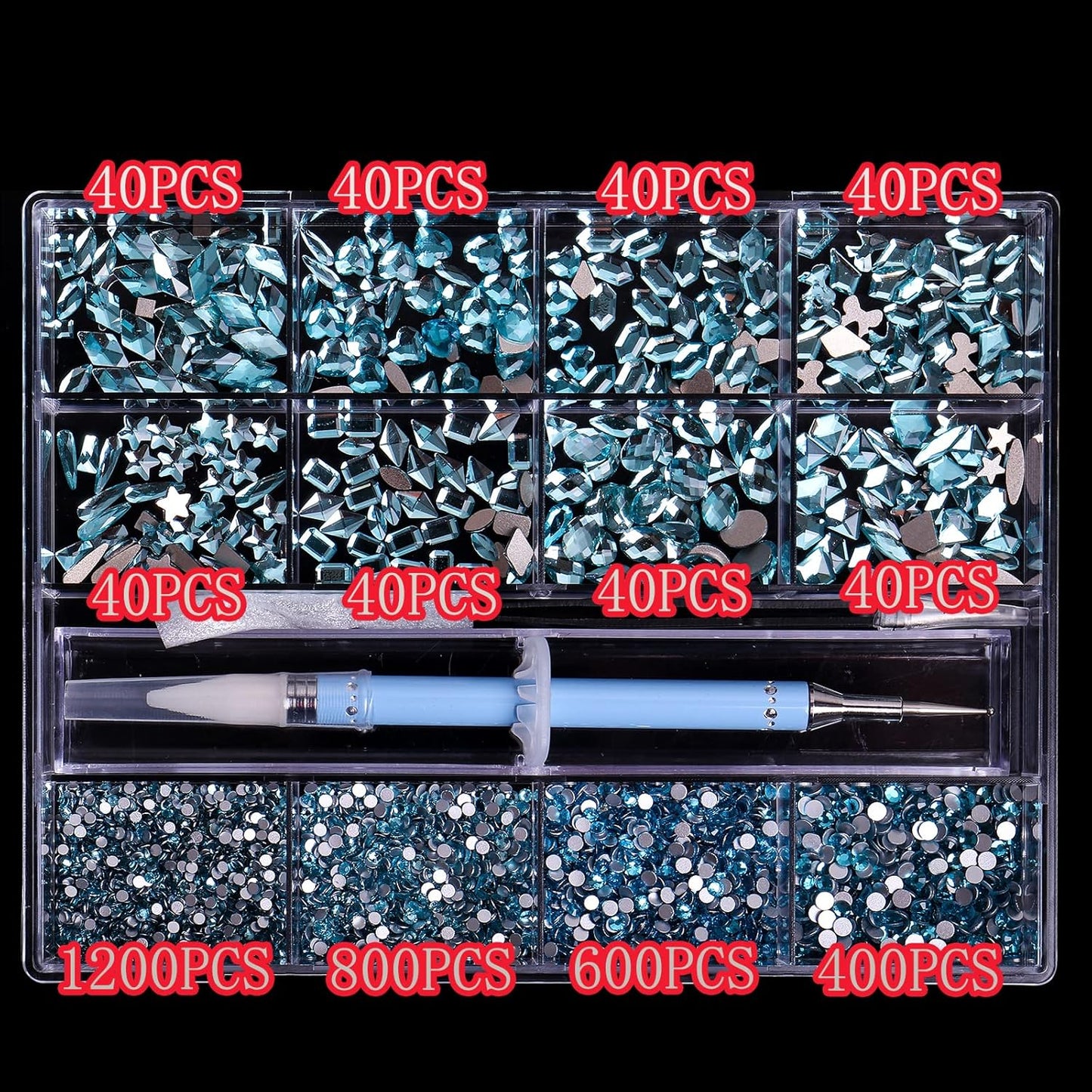 3320Pcs Lake Blue Nail Art Rhinestones Crystal,3D Rhinestones Gems Jewels Diamond,24 Types of 320 Diamonds + 3000 Round Beads, Crystals 3D Flat Back Gemstones for Nail DIY Crafts with Tweezers Pen