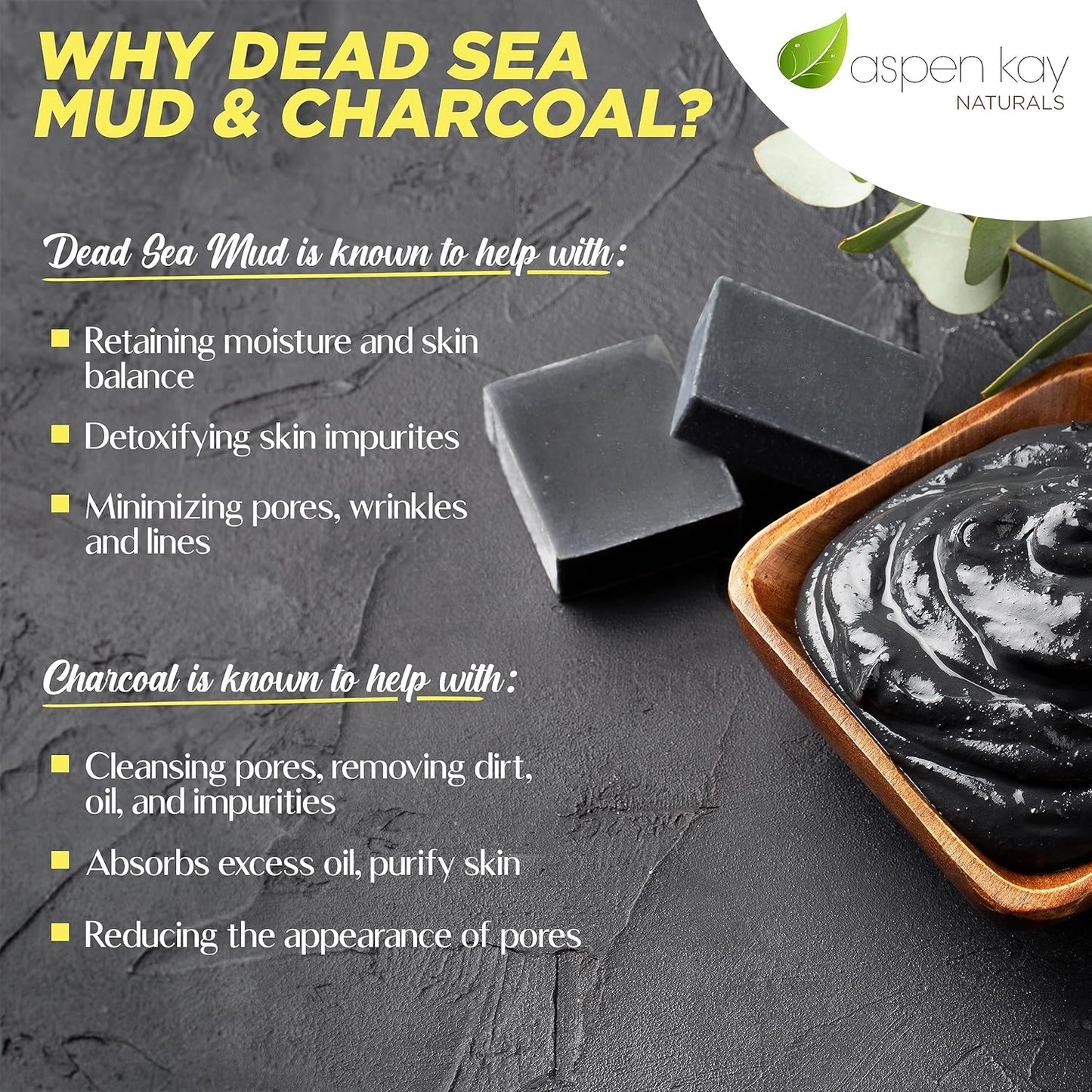 Aspen Kay Naturals Dead Sea Mud and Charcoal Soap Bar. With Organic Shea Butter & Pure Essential Oils. Charcoal Face Wash for Men, Women & Teens. (2 pack)