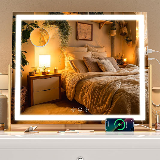 Vanity Mirror with Lights, 26'' x 22'' Lighted Makeup Mirror, Touch Screen with 3-Color Lighting, Dimmable for Vanity Desk Tabletop Square Gold
