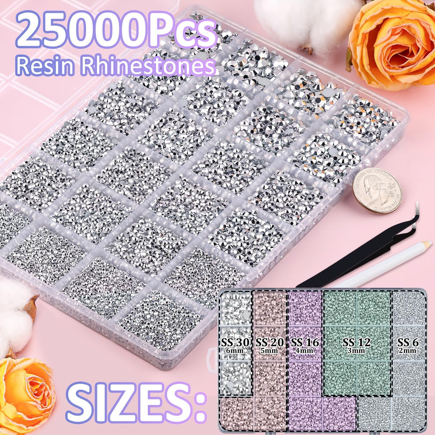 25000Pcs Resin Rhinestones with Tweezers for Crafting, Silver 2-6mm Mixed Sizes Non Hotfix Flatback Gems, Bedazzling Crystal for DIY Craft Clothing Mugs Tumblers Shoes Fabric Decor Nail Art