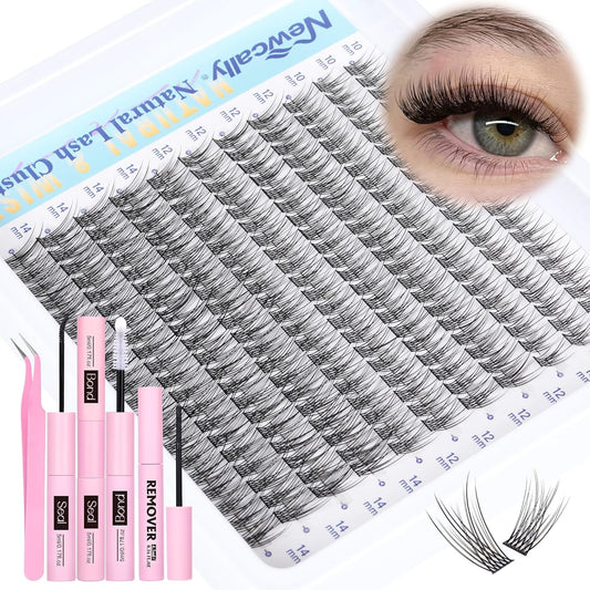 Natural Lash Extension Kit Cluster Lashes Kit Cluster Eyelash Extension Kit 220Pcs C-curly DIY Eyelash Extension Kit Short 10-14MM Individual Lashes Kit with Lash Remover by Newcally