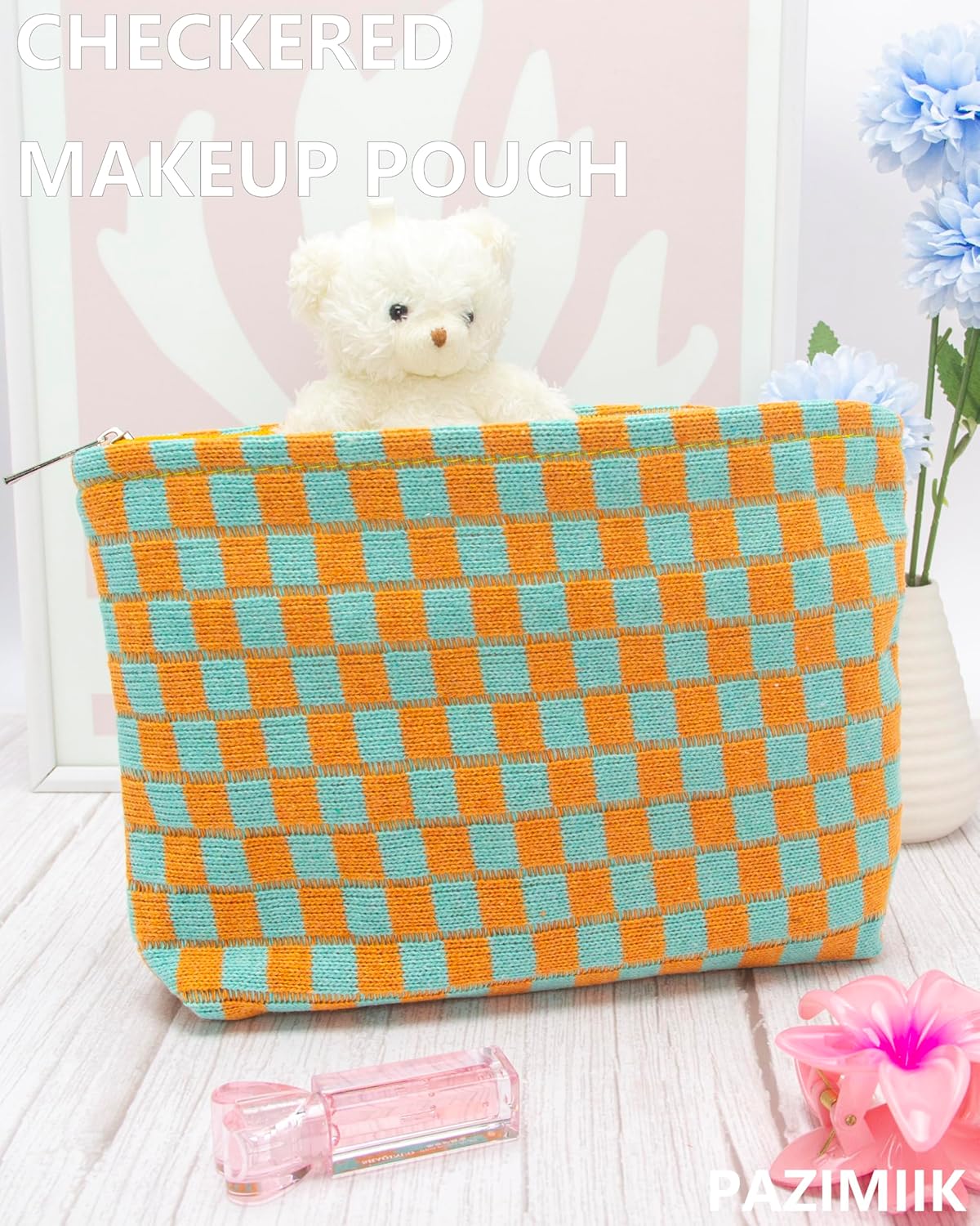 PAZIMIIK Knitted Checkered Makeup Bag Large Zipper Make Up Accessory Pouch for Purse Cosmetic Brush Bag for Travel Essential Orange Green