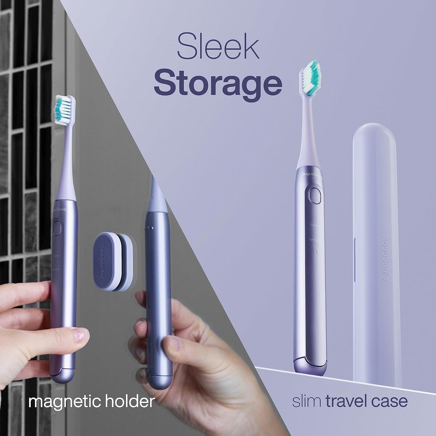 Aquasonic Icon ADA-Accepted Rechargeable Toothbrush | Magnetic Holder & Slim Travel Case | 2 Brushing Modes & Smart Timers | Gentle Micro-Vibrations (Lilac)