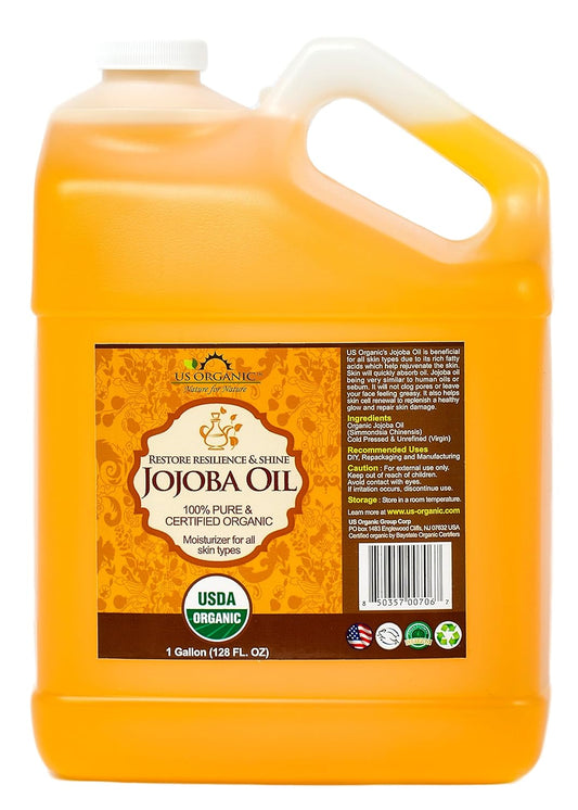 US Organic Jojoba Oil, USDA Certified Organic,100% Pure & Natural, Cold Pressed Virgin, Unrefined, Haxane Free, Sourced from Middle East, Size for DIY and Small Manufacturers (128 oz (1 Gallon))