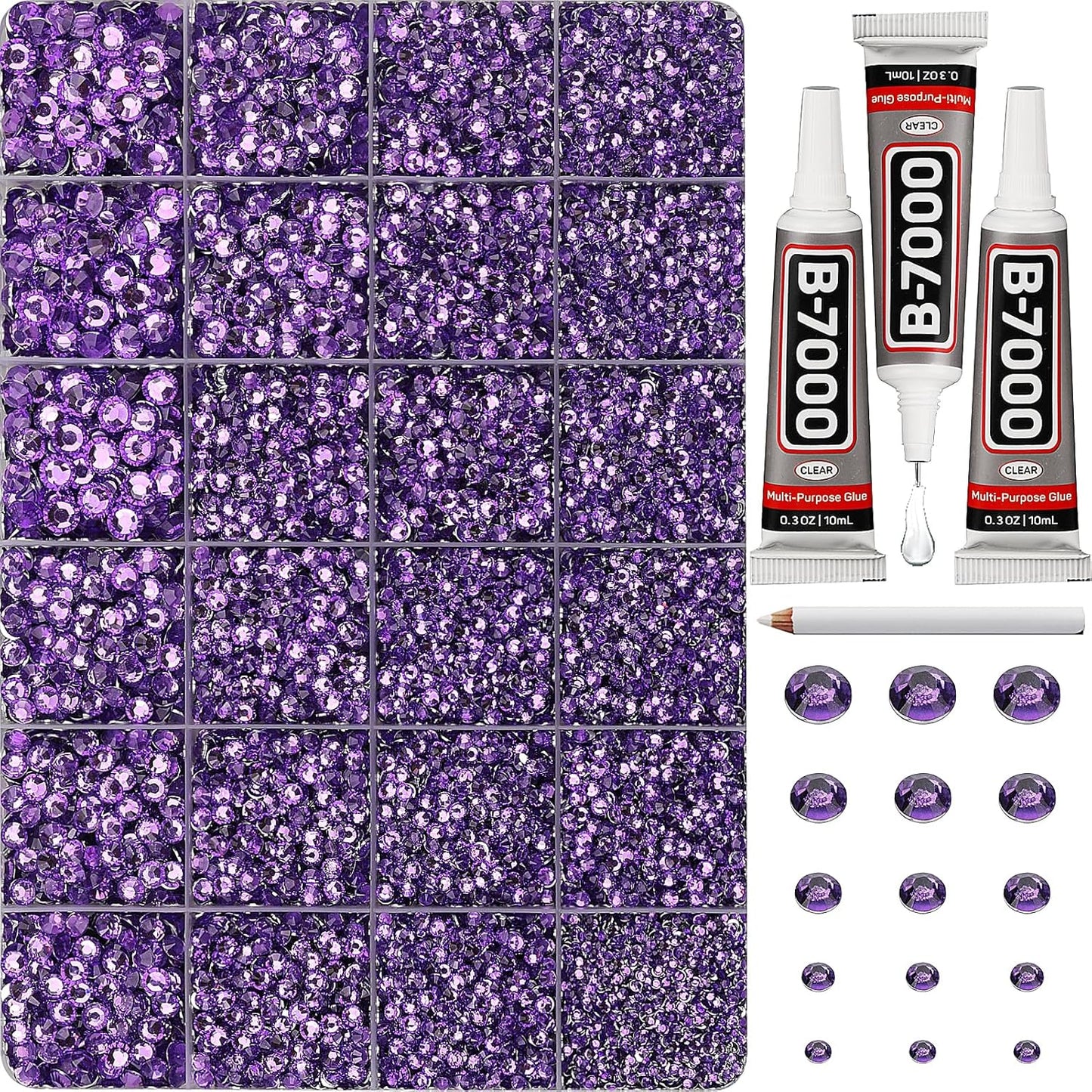 30000Pcs Resin Rhinestones Set for Crafting Bedazzling, Lavender Flatback Gems Jewels for Crafts Clothes Shoes Fabric Outfit Nails Makeup, Flat Back Crystal 2-6mm with b 7000 Glue