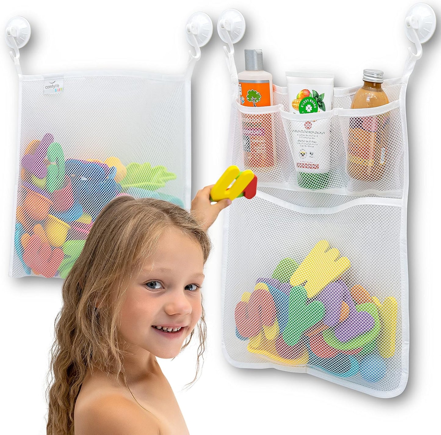 2 x Mesh Bath Toy Organizer + 8 Ultra Strong Hooks – The Perfect Bathtub Toy Holder & Bathroom or Shower Caddy – These Multi-use Net Bags Make Baby Bath Toy Storage Easy – For Kids & Toddlers