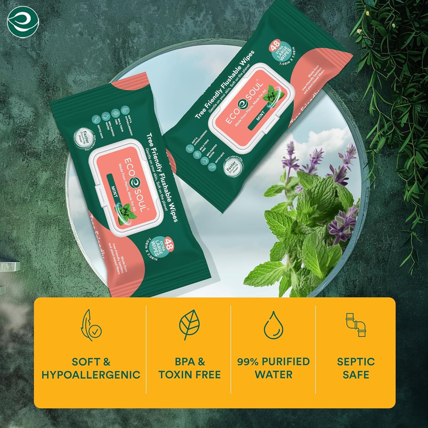ECO SOUL Bamboo Flushable Wipes For Adult- Mint 384 Wipes |8 Pack of 48| Eco-Friendly Wipes| 99% Purified Water, Hypoallergenic, Soft Wipes, BPA & Paraben free